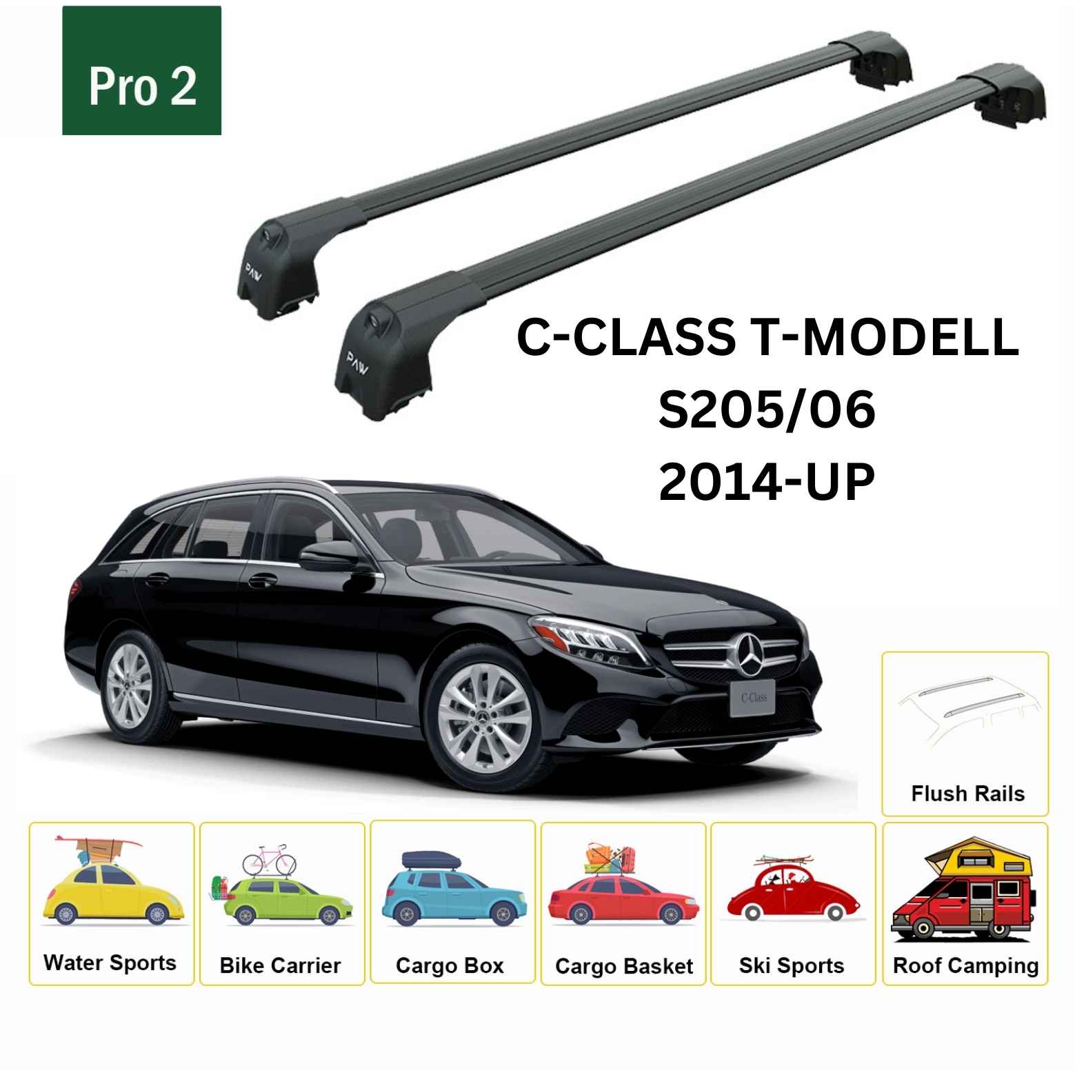 For Mercedes Benz C T-Modell S205/06 2014-Up Roof Rack Cross Bars Flush Rail Alu Black