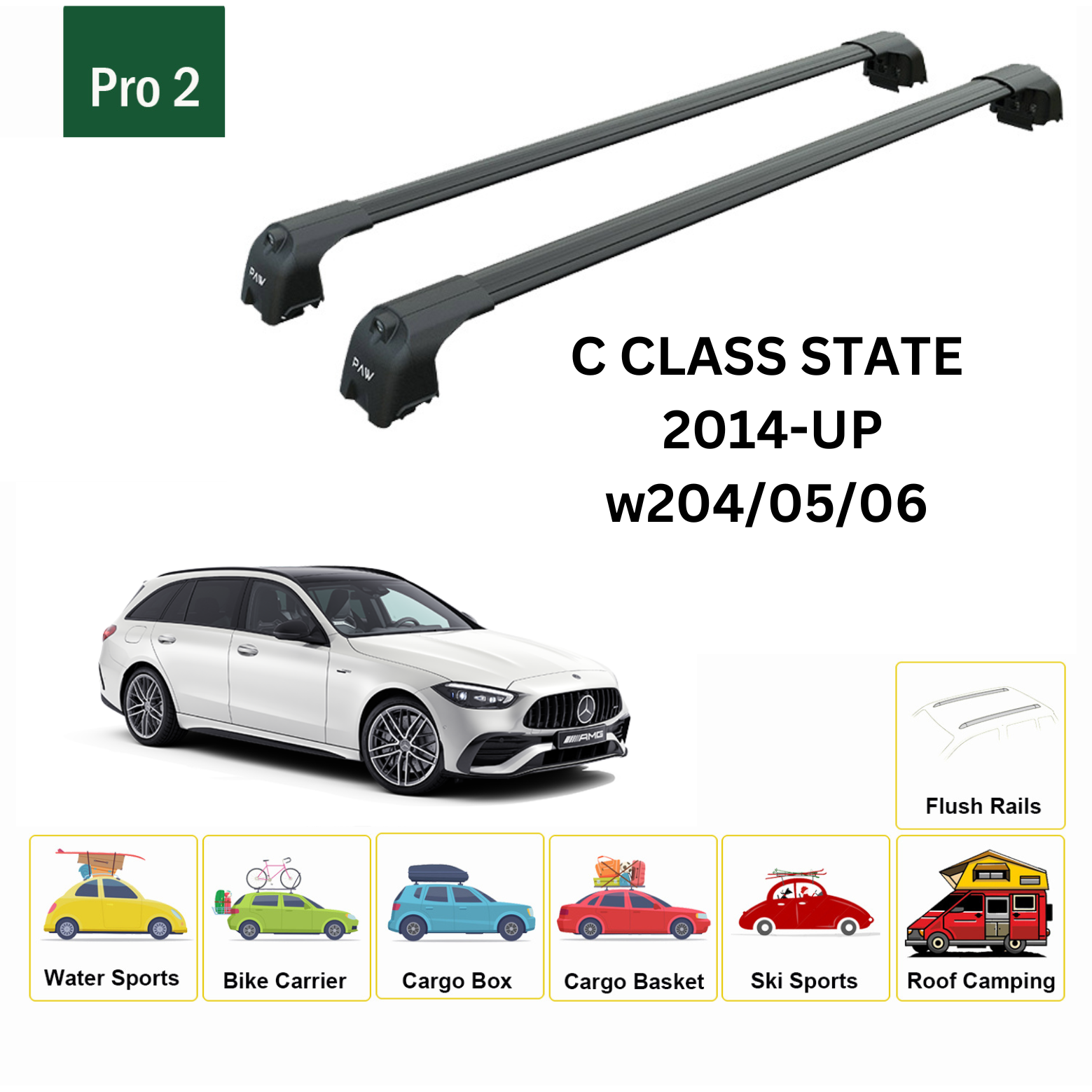 For Mercedes C Estate S205/06 2014-Up Roof Rack Cross Bars Metal Bracket Flush Rail Alu Black