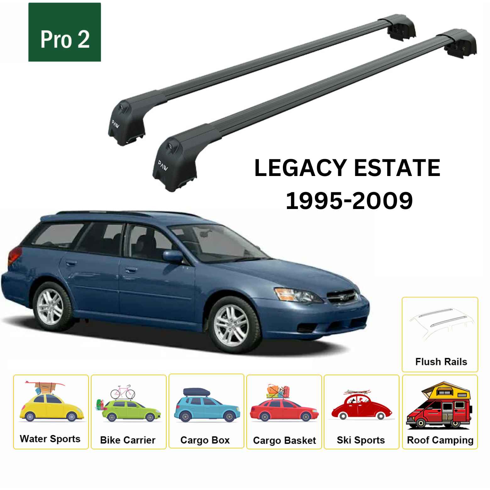 For Subaru Legacy Estate 2003-09 Roof Rack Cross Bars Flush Rail Alu Black Type 2