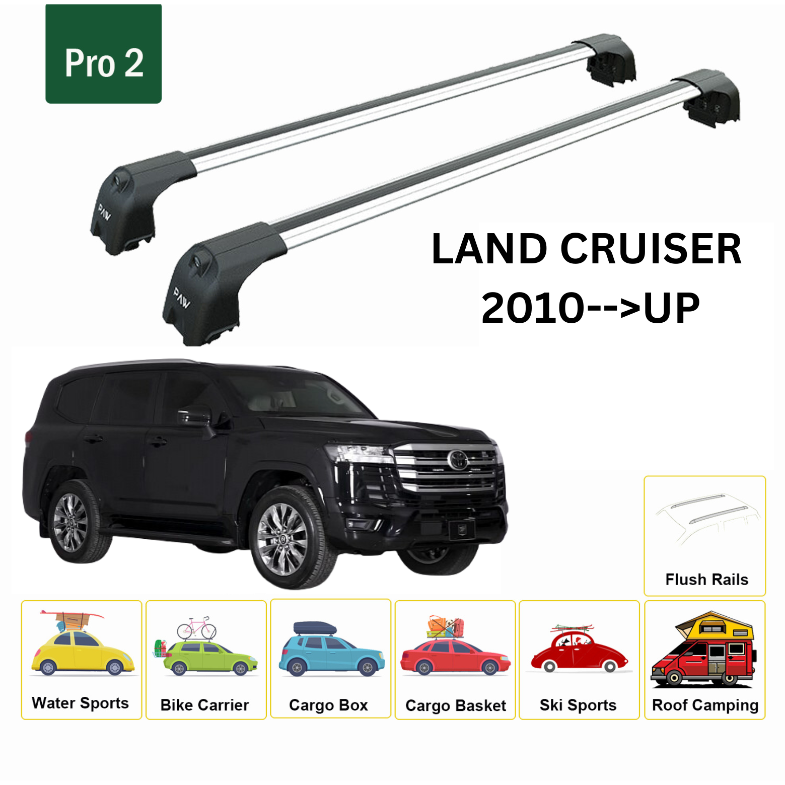 For Toyota Land Cruiser 2010- Up Roof Rack Cross Bar Metal Bracket Flush Rail Alu Silver