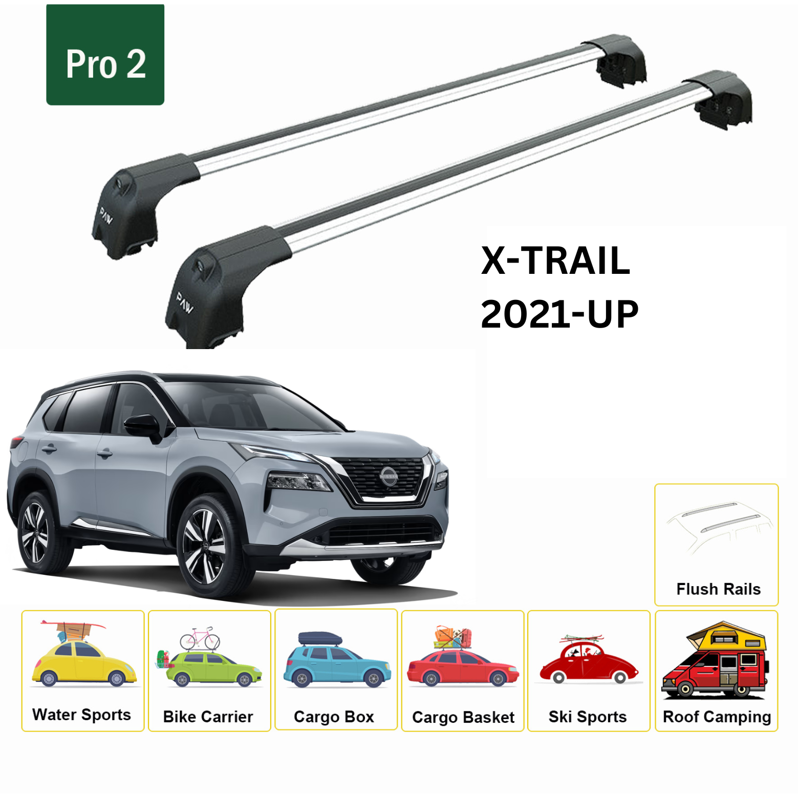 For Nissan X-Trail T33 Roof Rack Cross Bars Metal Bracket Flush Rail Alu Silver 2021-Up - 0