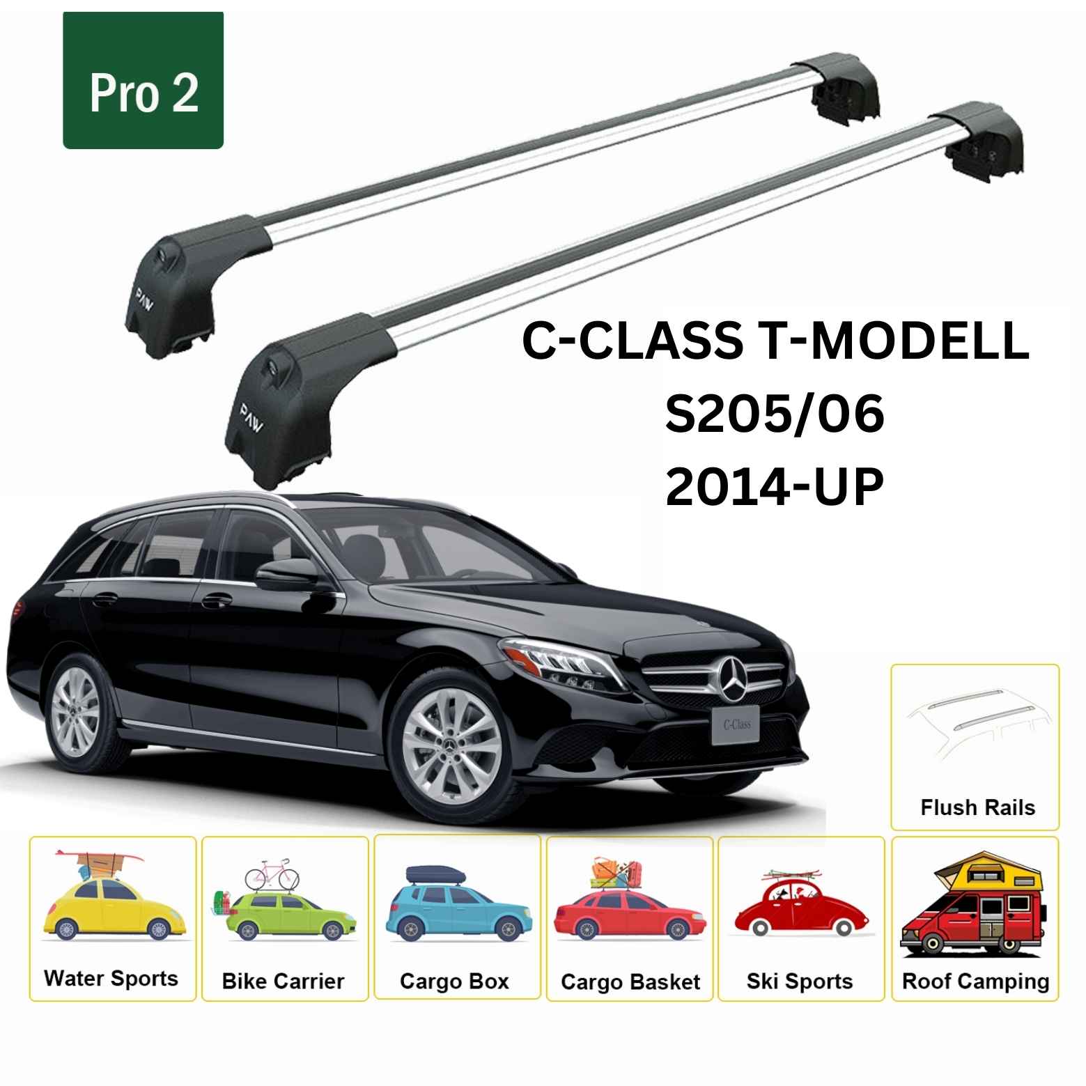 For Mercedes Benz C T-Modell S205/06 2014-Up Roof Rack Cross Bars Flush Rail Alu Silver