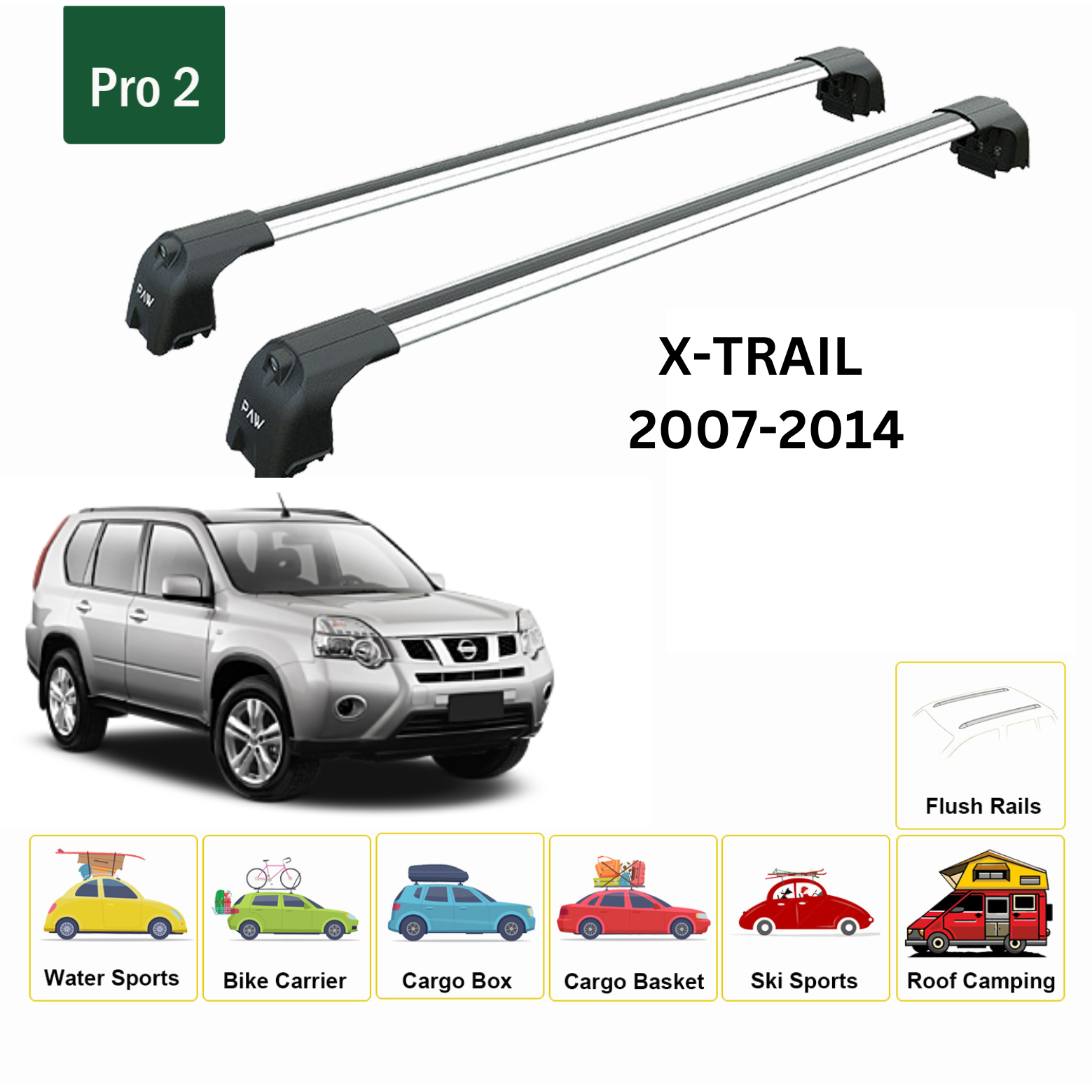 For Nissan X-Trail T31 Roof Rack Cross Bars Metal Bracket Flush Rail Alu Silver 2007-14