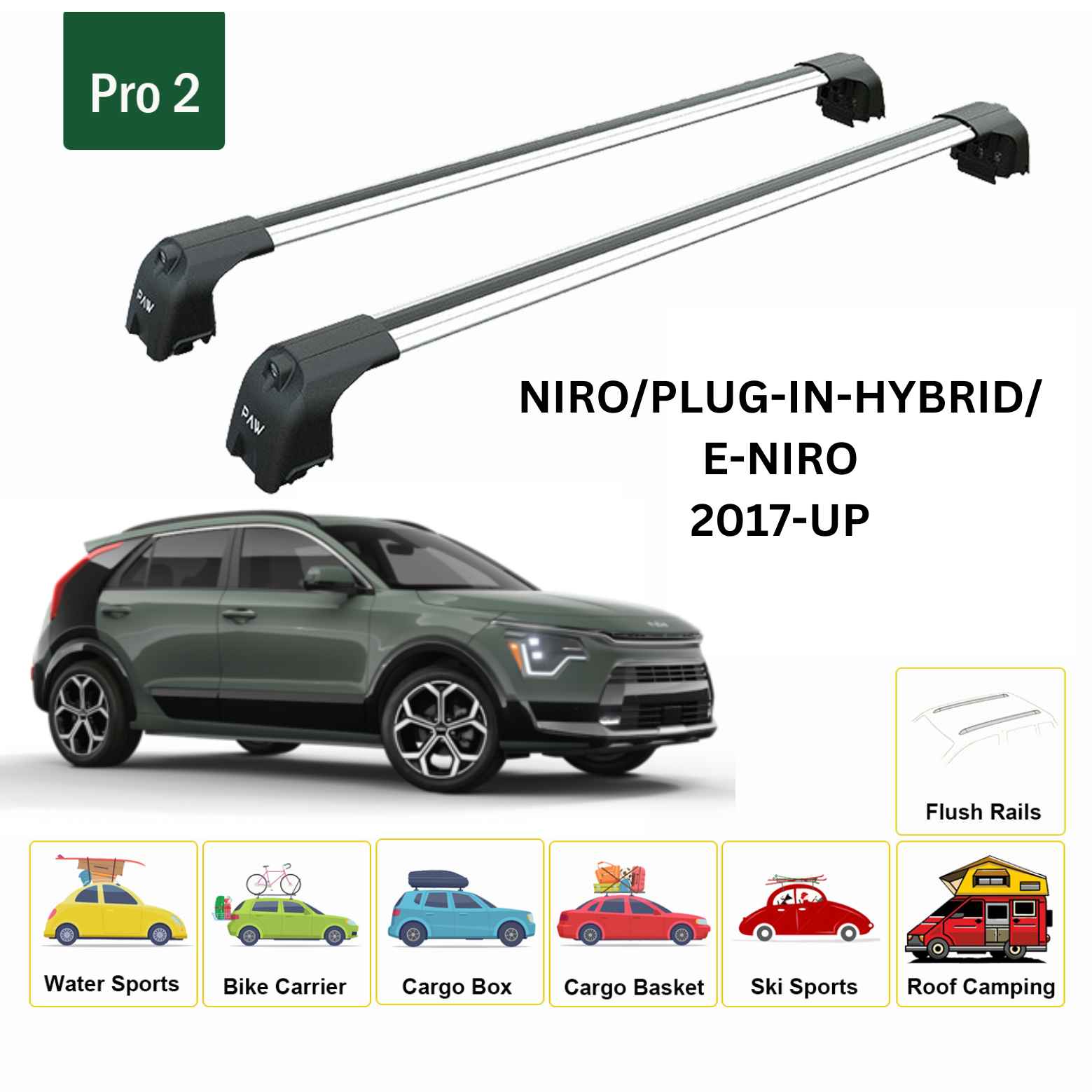 For Kia Niro 2017-Up Roof Rack Cross Bars Flush Rail Alu Silver
