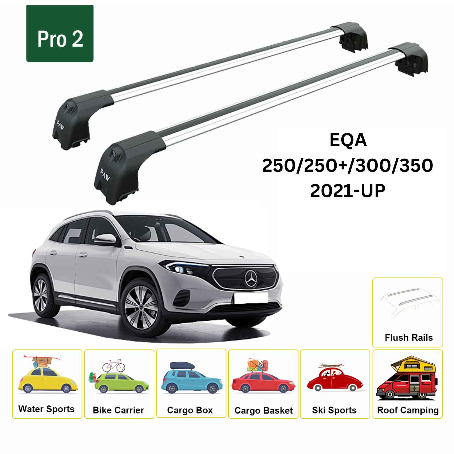 For Mercedes Benz EQA SUV 2021-Up Roof Rack Cross Bars Flush Rail Alu Silver