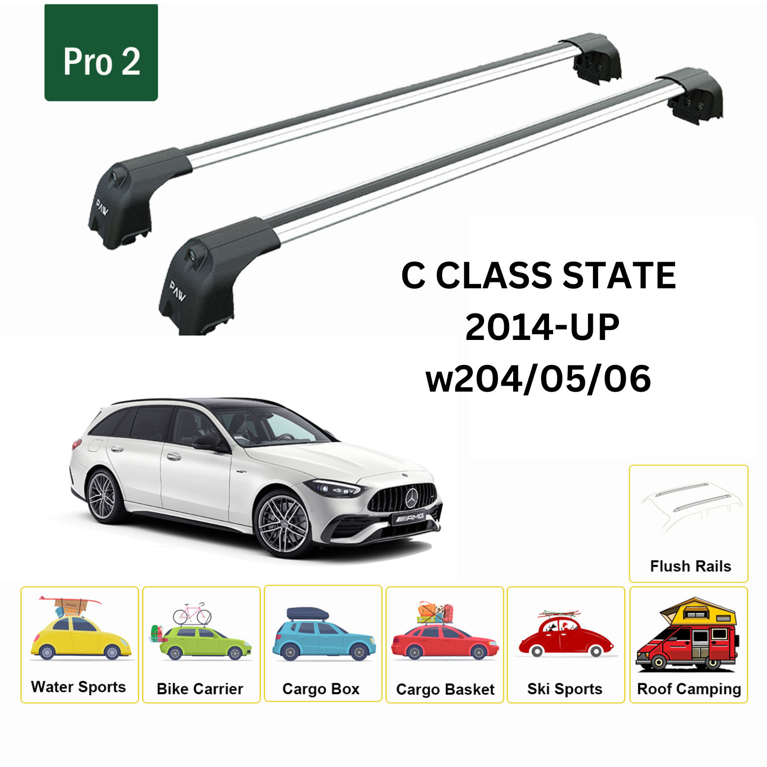 For Mercedes C Estate S205/06 2014-Up Roof Rack Cross Bars Metal Bracket Flush Rail Alu Silver