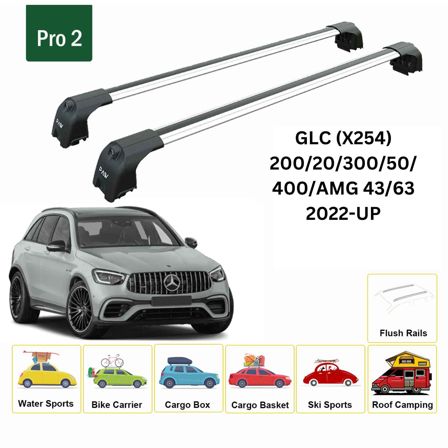 For Mercedes GLC (X254) 2022-Up Roof Rack Cross Bars Flush Rail Alu Silver