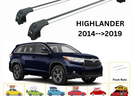 For Toyota Highlander 2014-19 Roof Rack Cross Bars Metal Bracket Flush Rail Alu  Silver