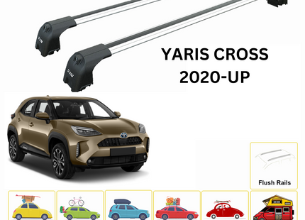 For Toyota Yaris Cross 2020-Up Roof Rack Cross Bars Flush Rail Alu Silver