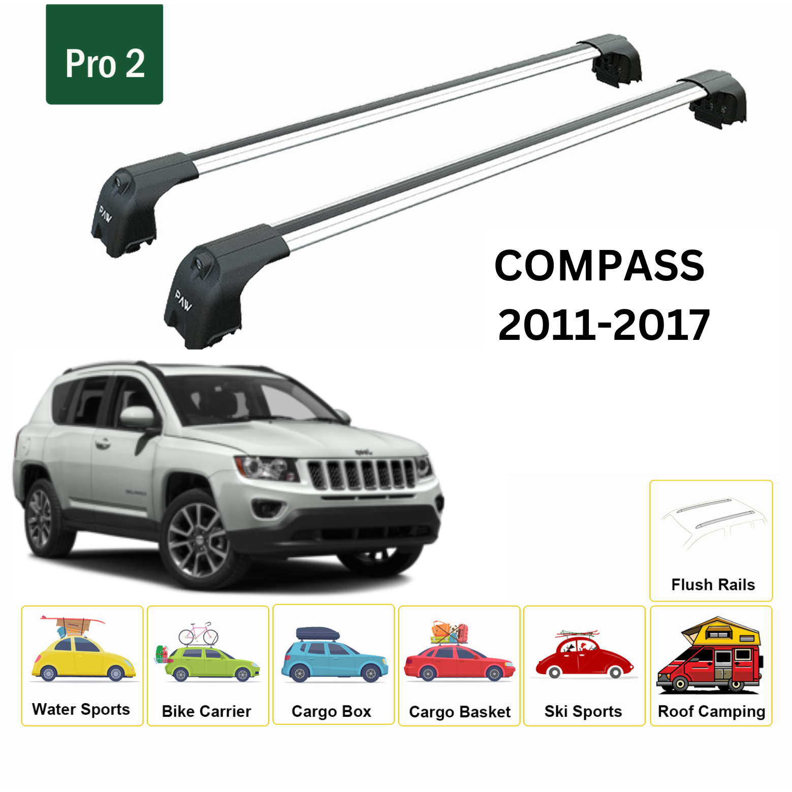 For Jeep Compass 2011-17 Roof Rack Cross Bars Flush Rail Alu Silver