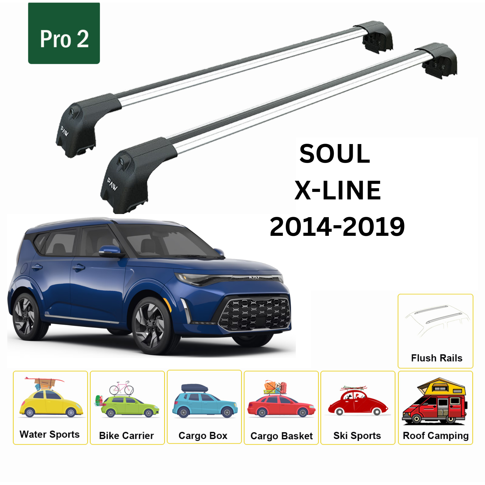 For Kia Soul Roof Rack Cross Bars Flush Rail Alu Silver 2020-Up
