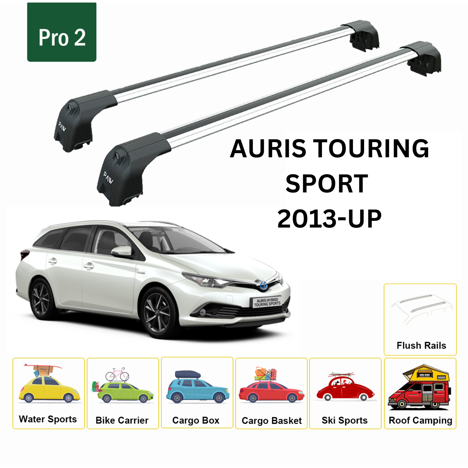 For Toyota Auris TouringSport 2013-Up Roof Rack Cross Bars Flush Rail Alu Silver