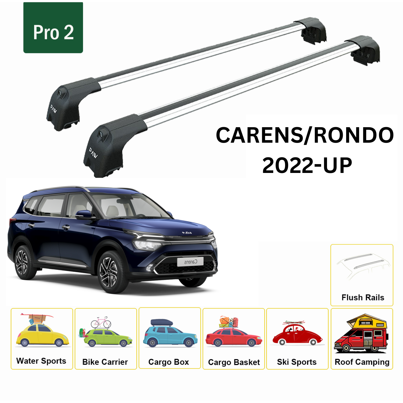 For KIA Carens Rondo 2022-Up Roof Rack Cross Bars Flush Rail Alu Silver