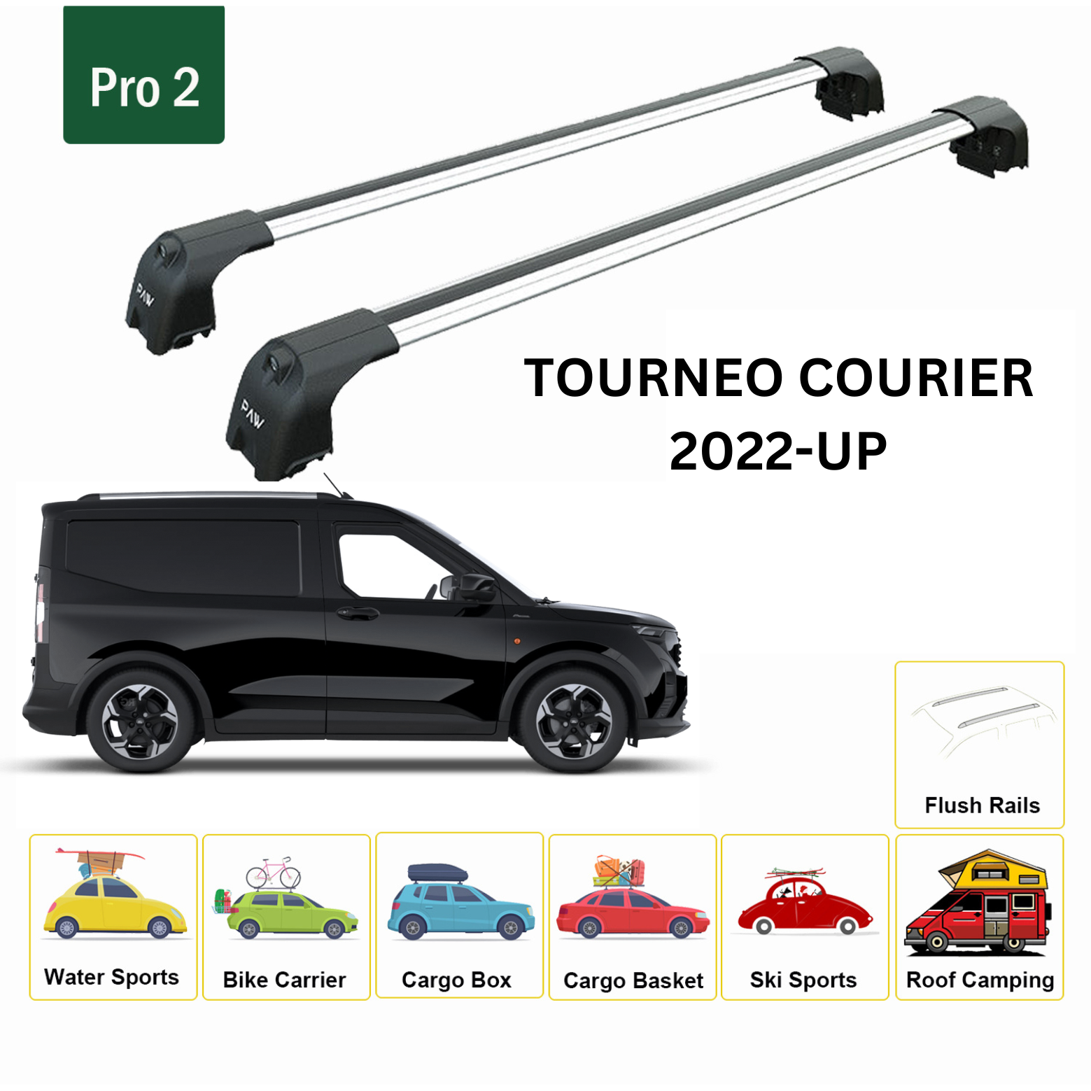 For Ford Tourneo Courier 2022-Up Roof Rack Cross Bars Raised Rail Alu Silver