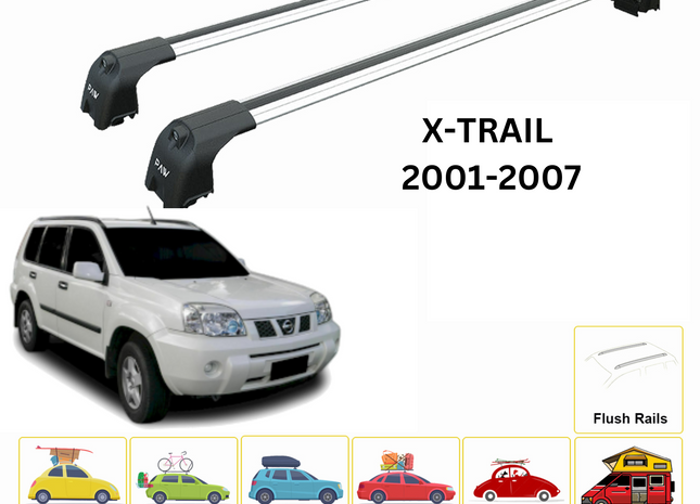 For Nissan X-Trail T30 Roof Rack Cross Bars Metal Bracket Flush Rail Alu Silver 2001-07