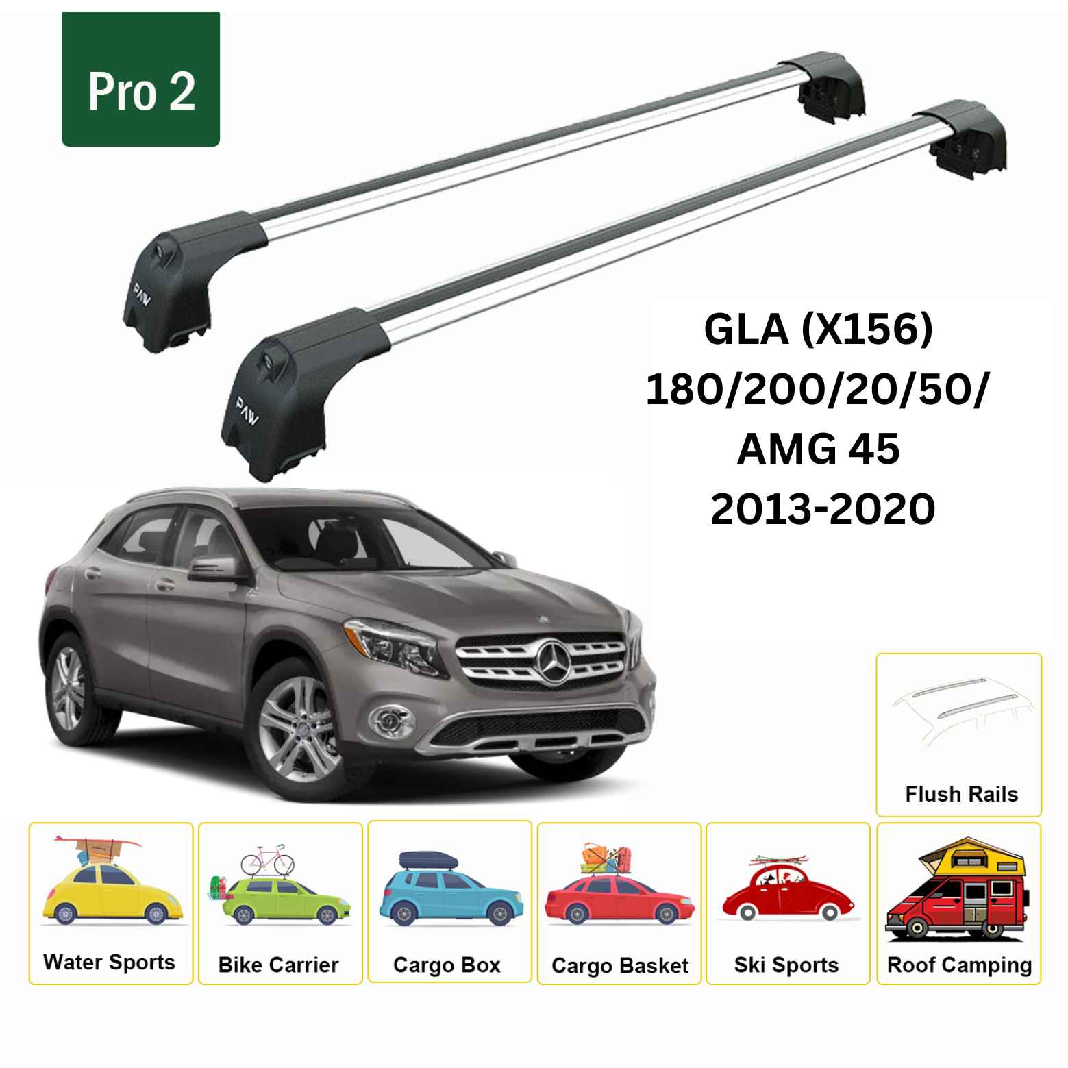 For Mercedes GLA (X156) 2013-20 Roof Rack Cross Bars Flush Rail Alu Silver