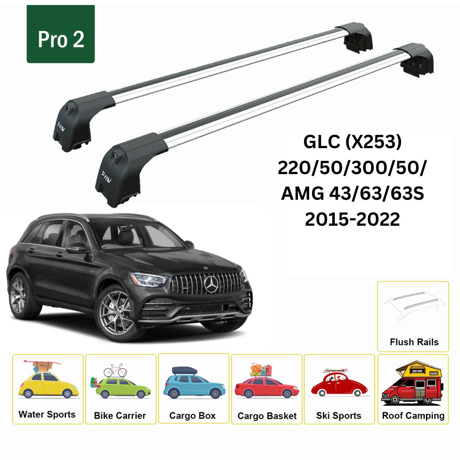 For Mercedes GLC (X253) 2015-22 Roof Rack Cross Bars Flush Rail Alu Silver