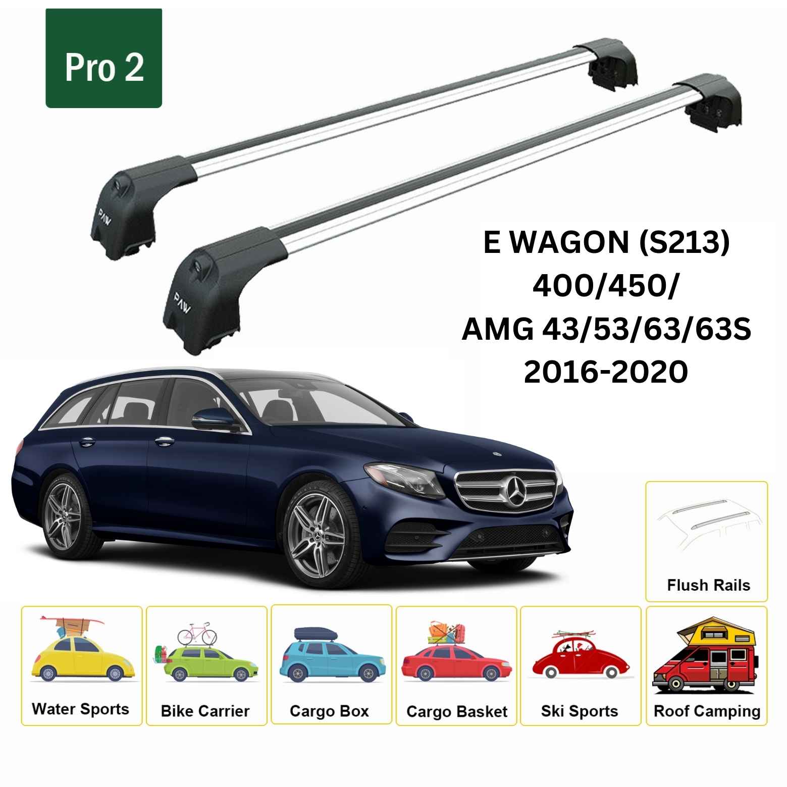 For Mercedes E Wagon S213 2016-2020 Roof Rack Cross Bars Flush Rail Alu Silver - 0