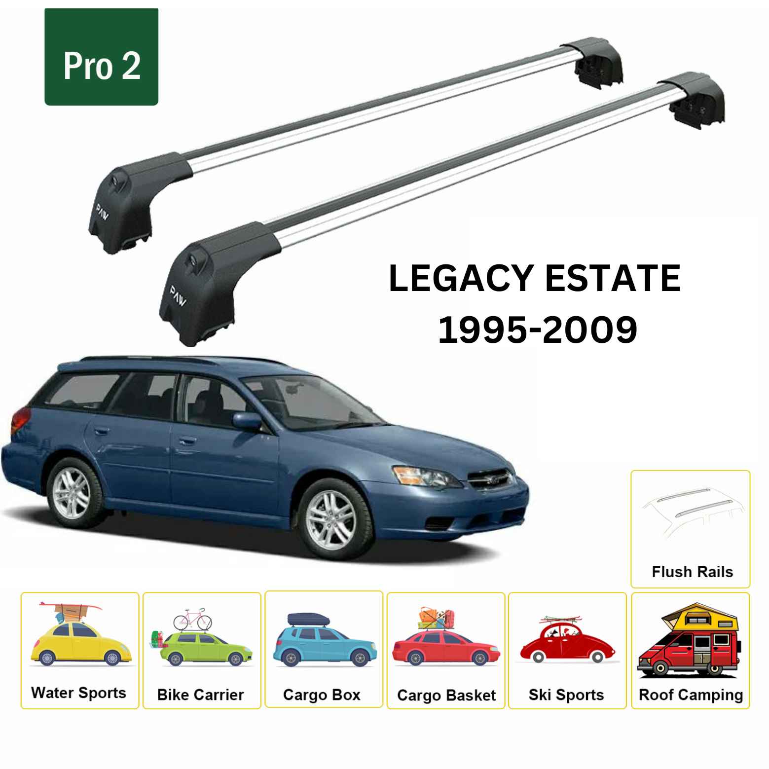 For Subaru Legacy Estate 2003-09 Roof Rack Cross Bars Flush Rail Alu Silver Type 2