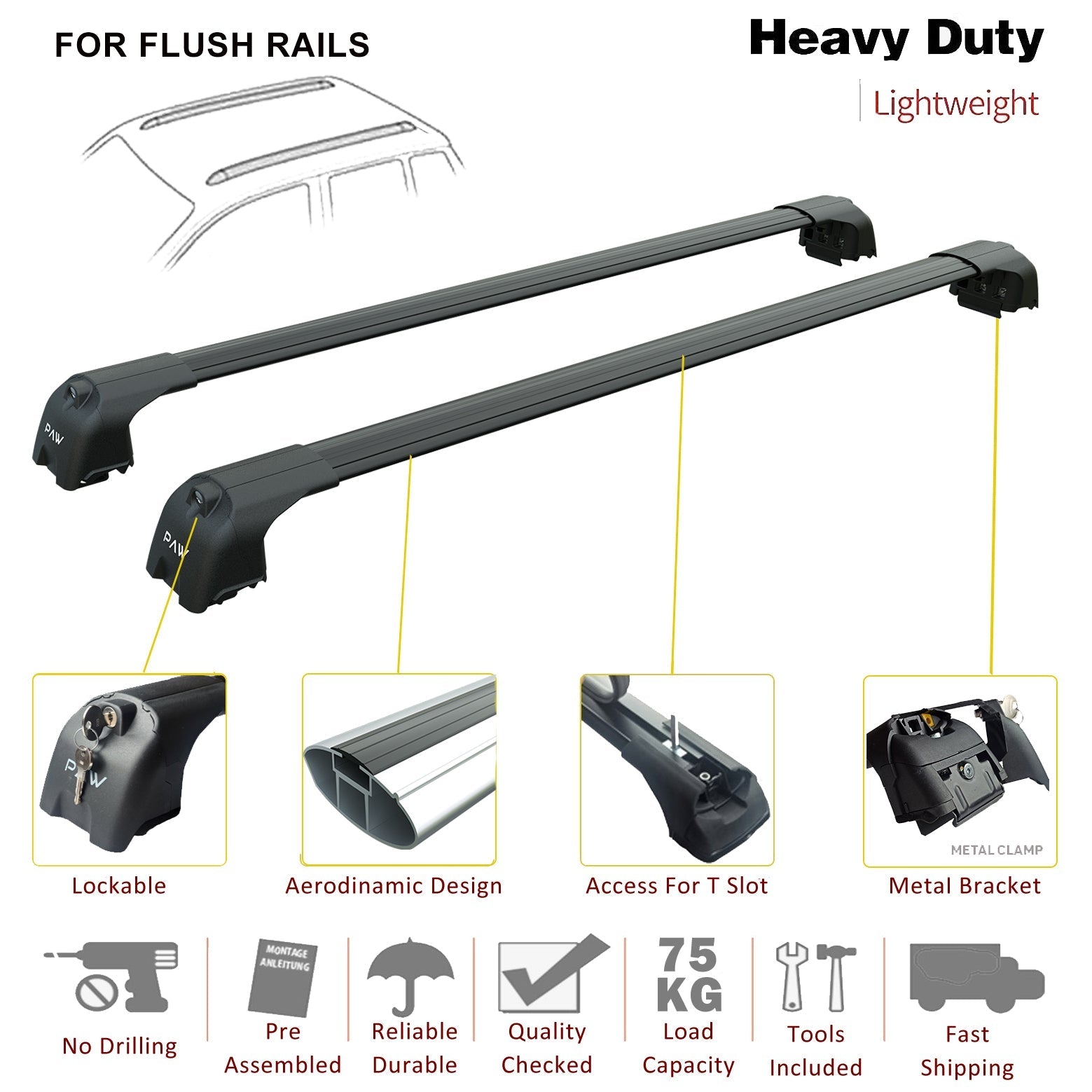 For Ssangyoung Torres Roof Rack System, Aluminium Cross Bar, Metal Bracket, Flush Rail, Silver