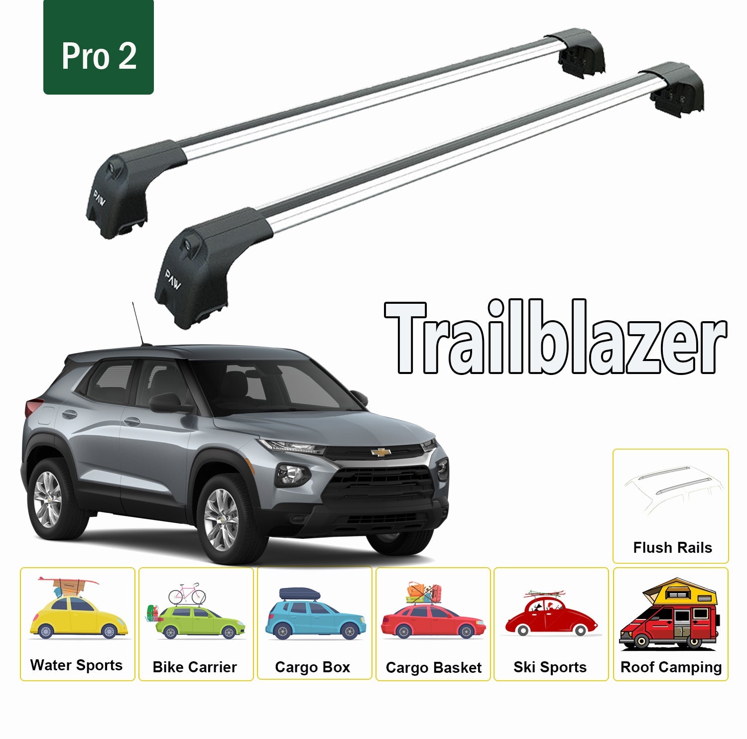 For Chevrolet Trailblazer Roof Rack Cross Bars Metal Bracket Flush Rail Alu 2021-Up Silver