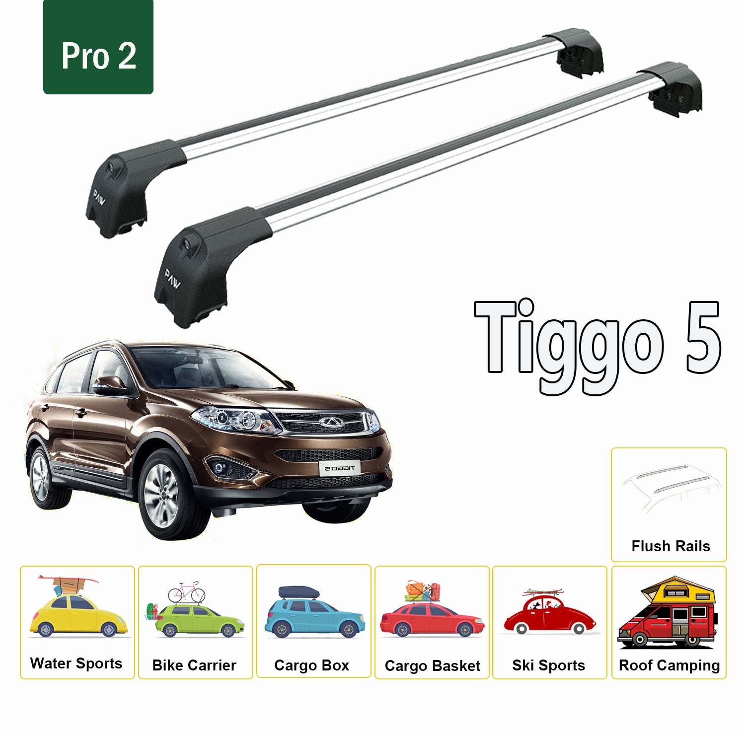 For Chery Tiggo 5 2013-2021 Roof Rack System, Aluminium Cross Bar, Metal Bracket, Flush Rail, Silver