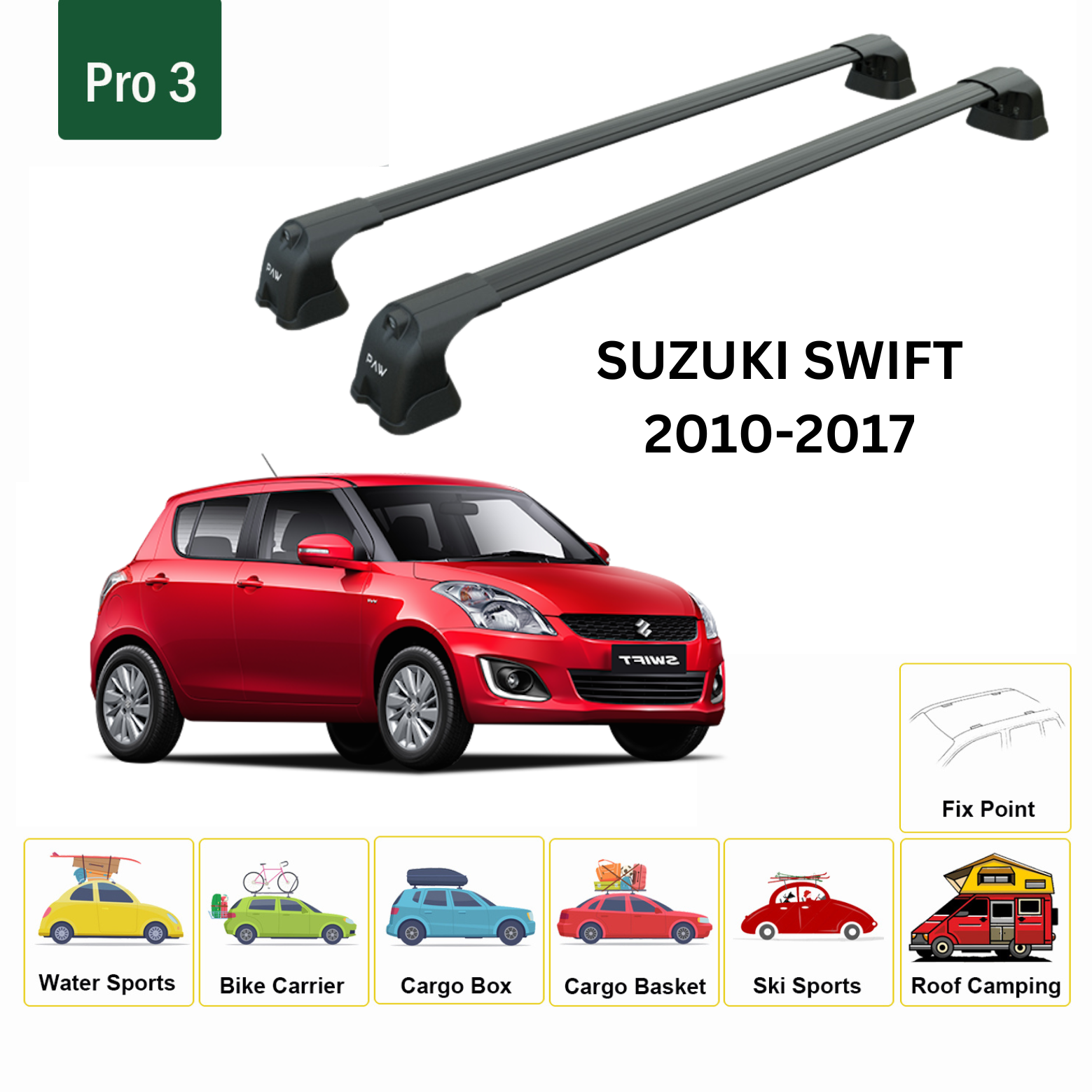 For Suzuki Swift Roof Rack Cross Bars Metal Bracket Fix Point Alu Black 2010-17