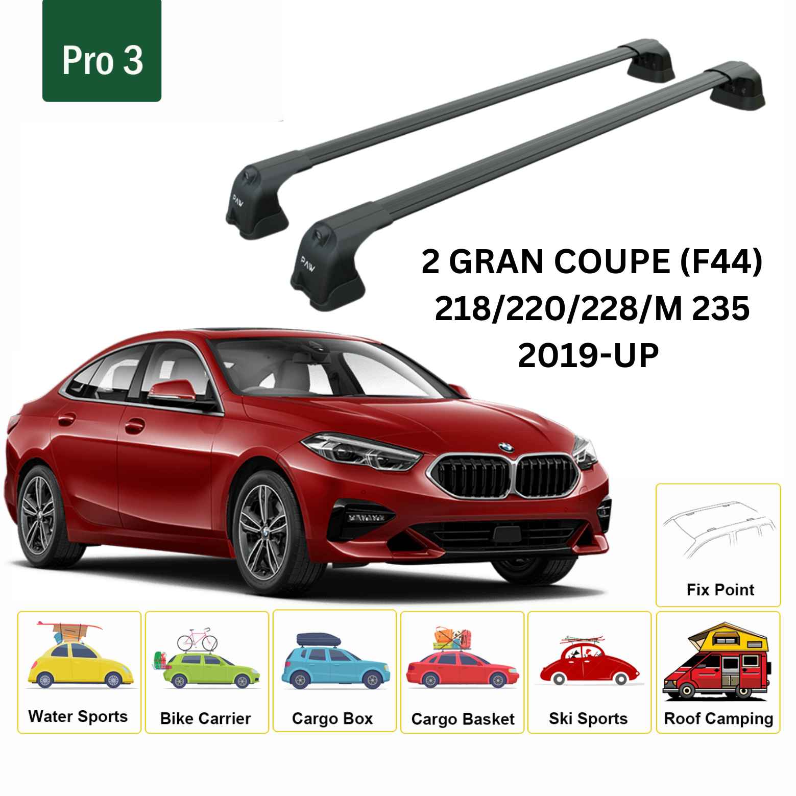 For BMW 2 Gran Coupe F44 Roof Rack Cross Bars Fix Point Alu Black 2019-Up