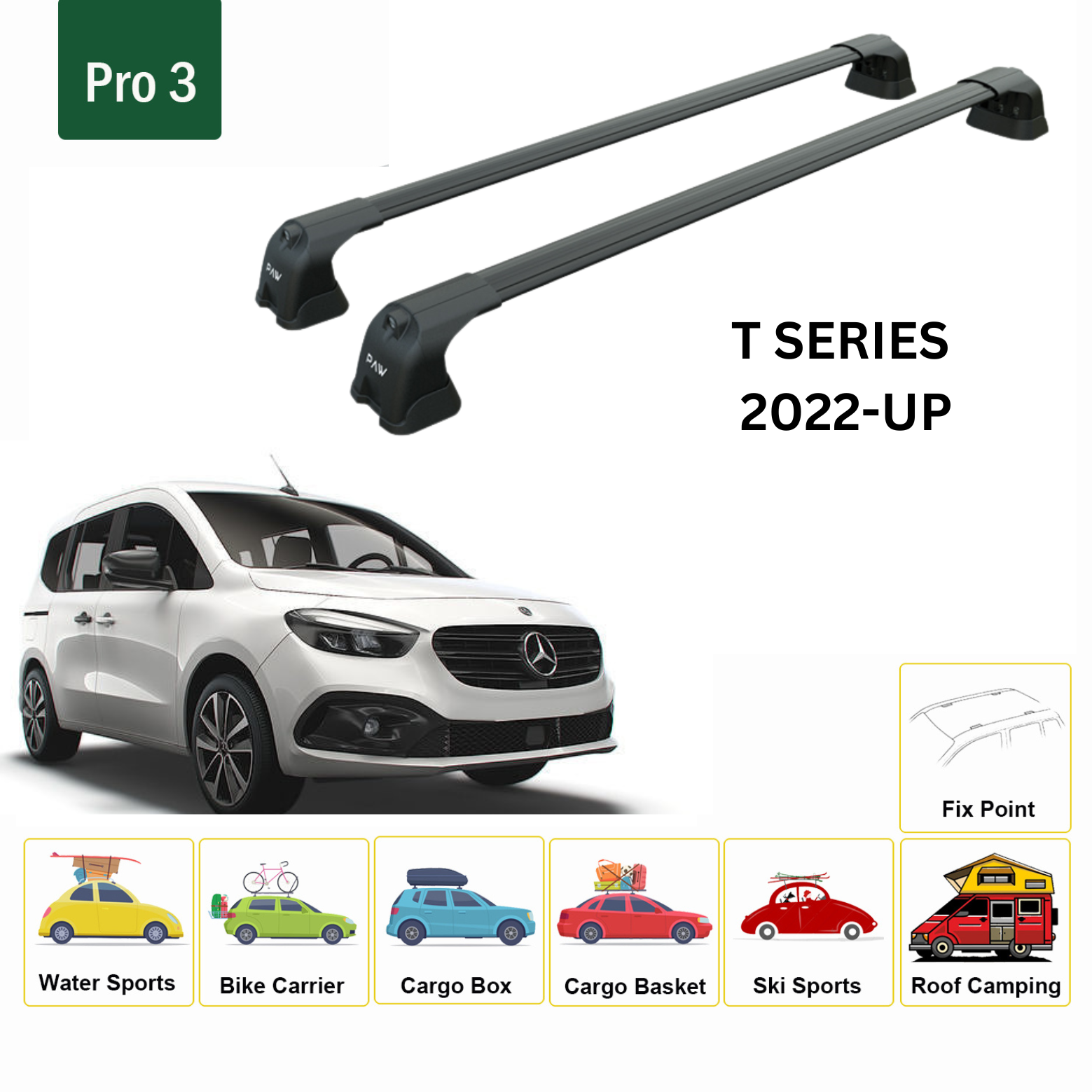 For Mercedes Benz T 2022-Up Roof Rack Cross Bars Metal Bracket Fix Point Alu Black