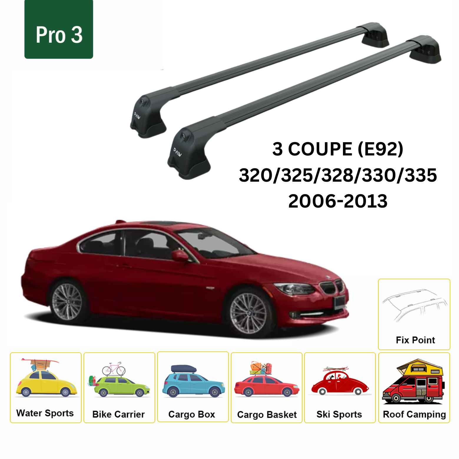 For Bmw 3 Coupe E92 2006-2013 Roof Rack Cross Bars Fix Point Black