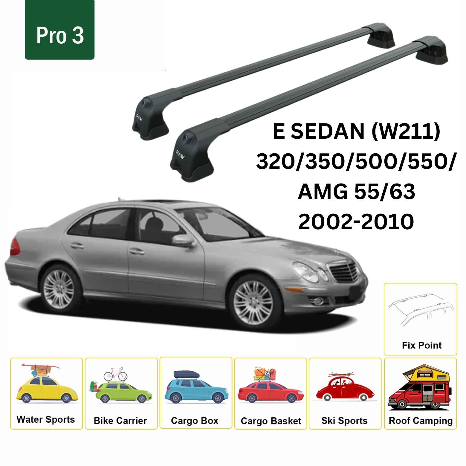 For Mercedes Benz E Sedan W211 2002-2010 Roof Rack Cross Bars Fix Point Alu Black