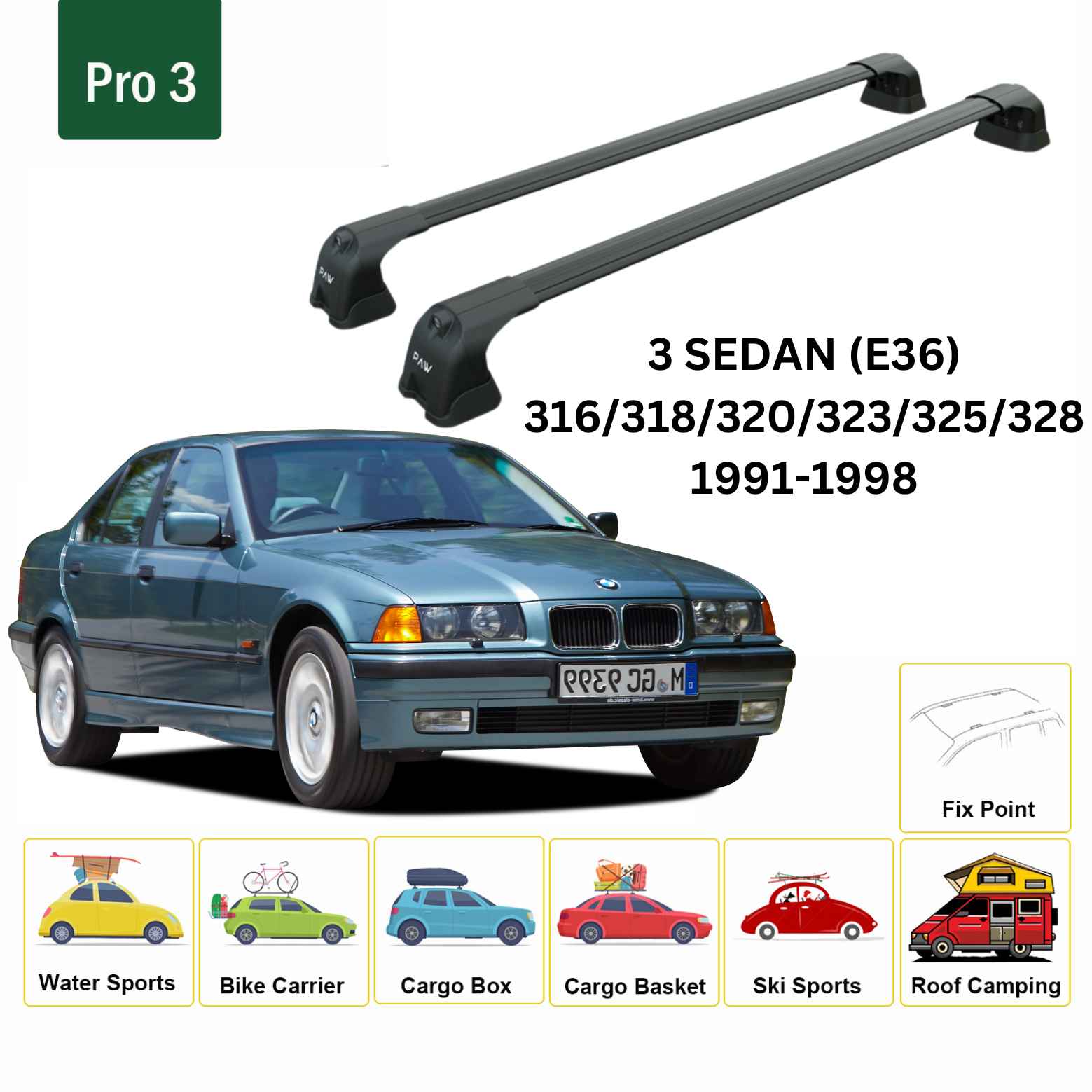 For Bmw 3 Sedan E36 1991-1998 Roof Rack Cross Bars Fix Point Alu Black