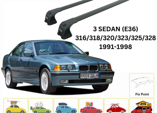For Bmw 3 Sedan E36 1991-1998 Roof Rack Cross Bars Fix Point Alu Black