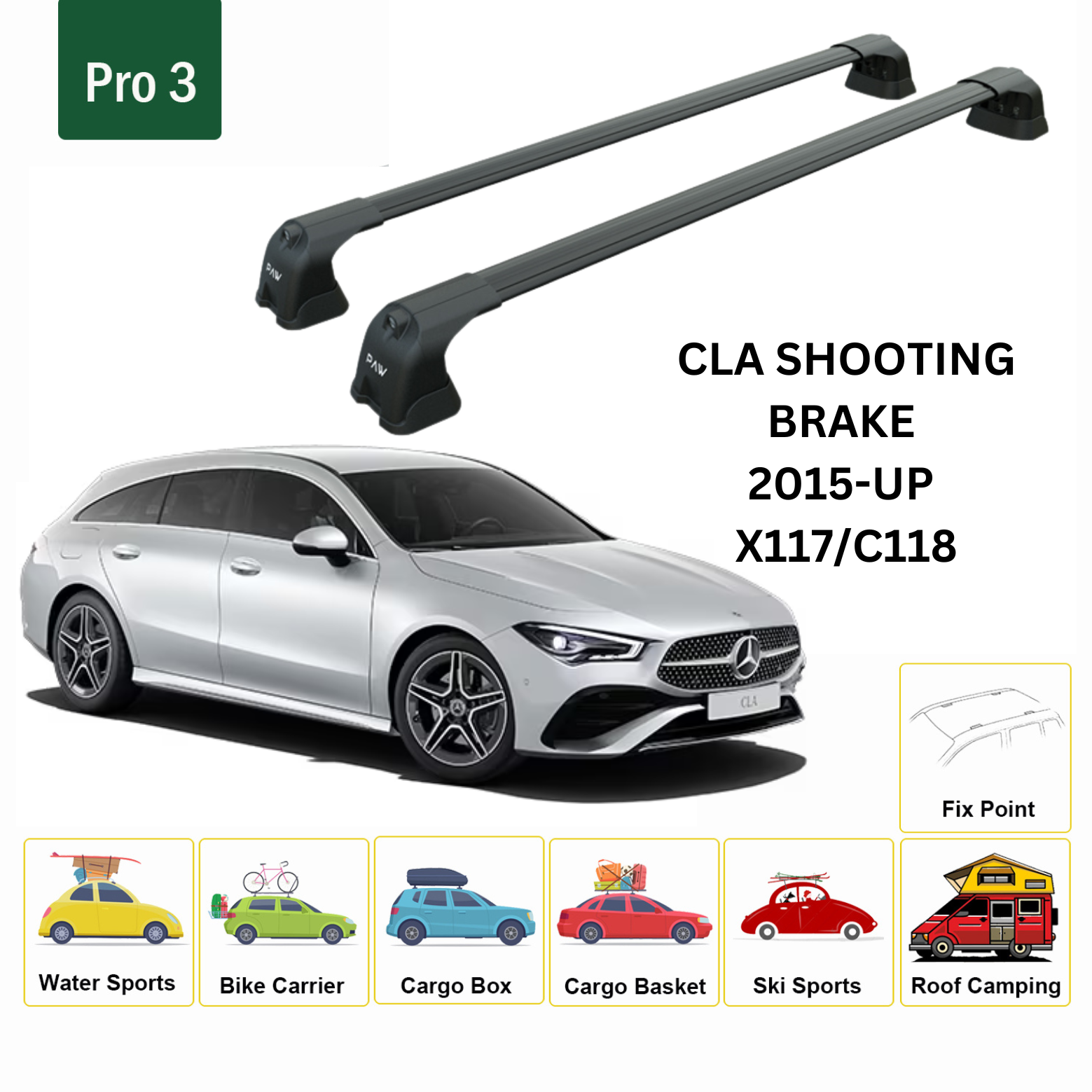 For Mercedes Benz CLA SB 2015-Up Roof Rack Cross Bars Metal Bracket Fix Point Alu Black