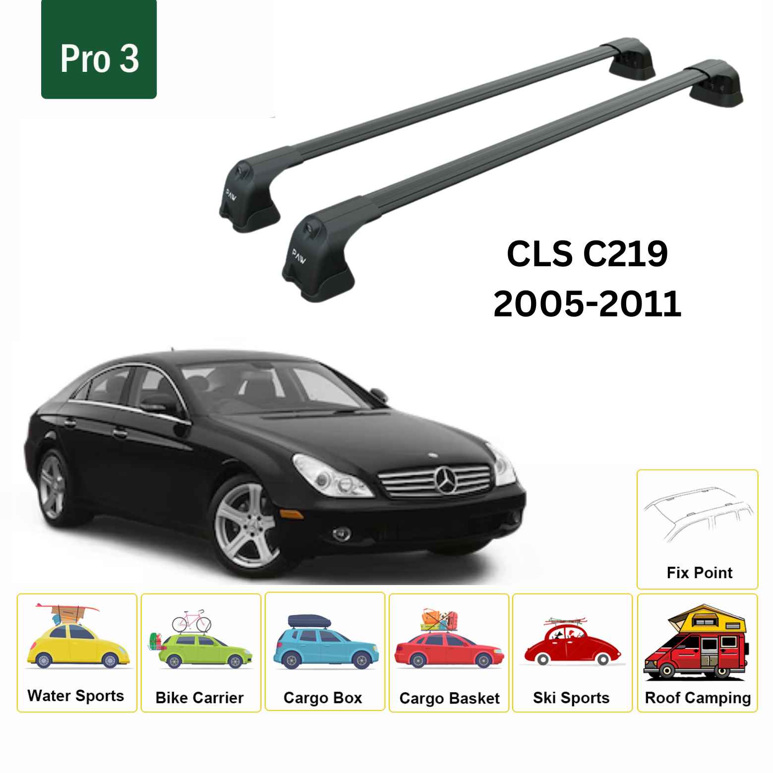 For Mercedes Benz CLS C219 2005-11 Roof Rack Cross Bars Fix Point Alu Black