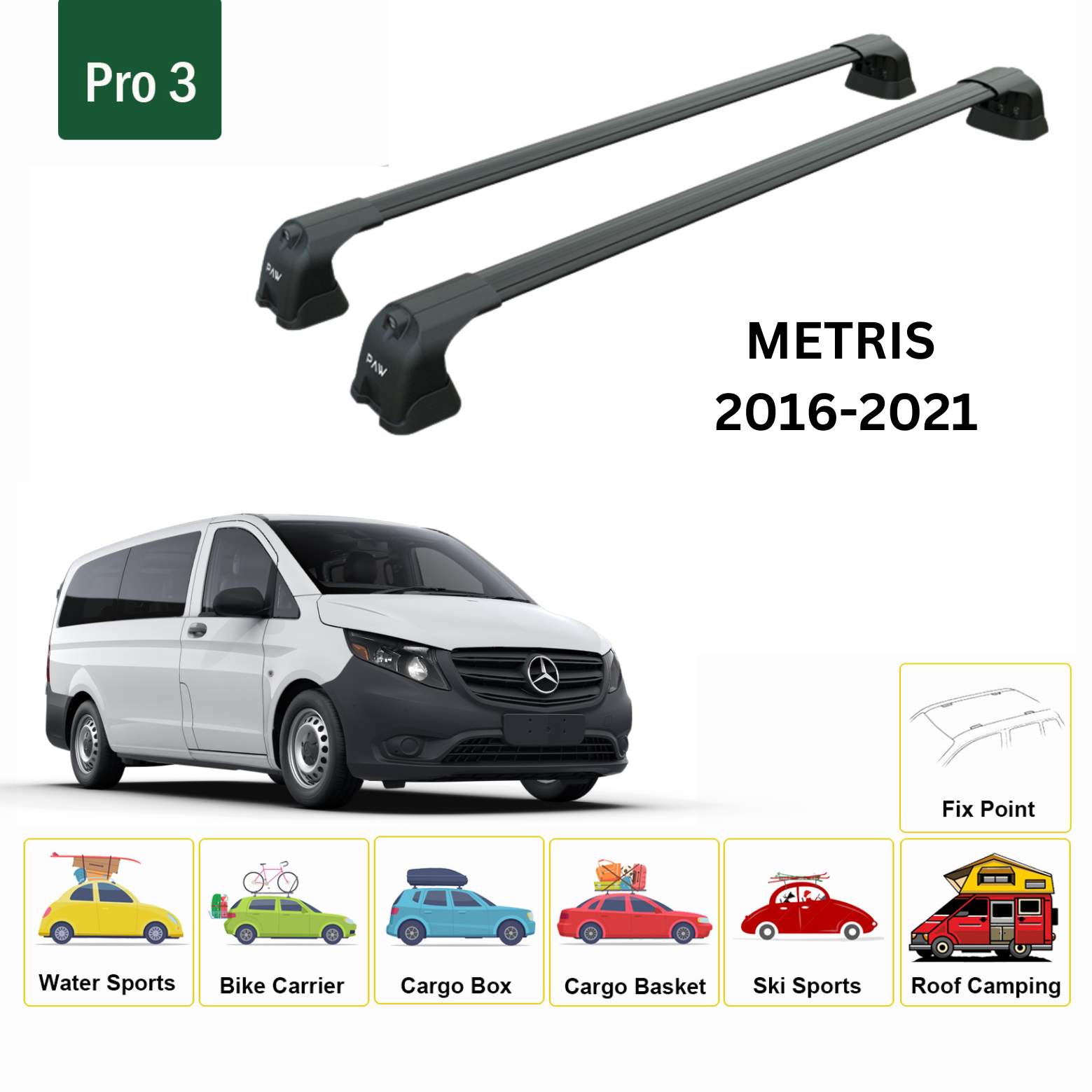 For Mercedes Benz Metris 2016-21 Roof Rack Cross Bars Metal Bracket Fix Point Alu Black