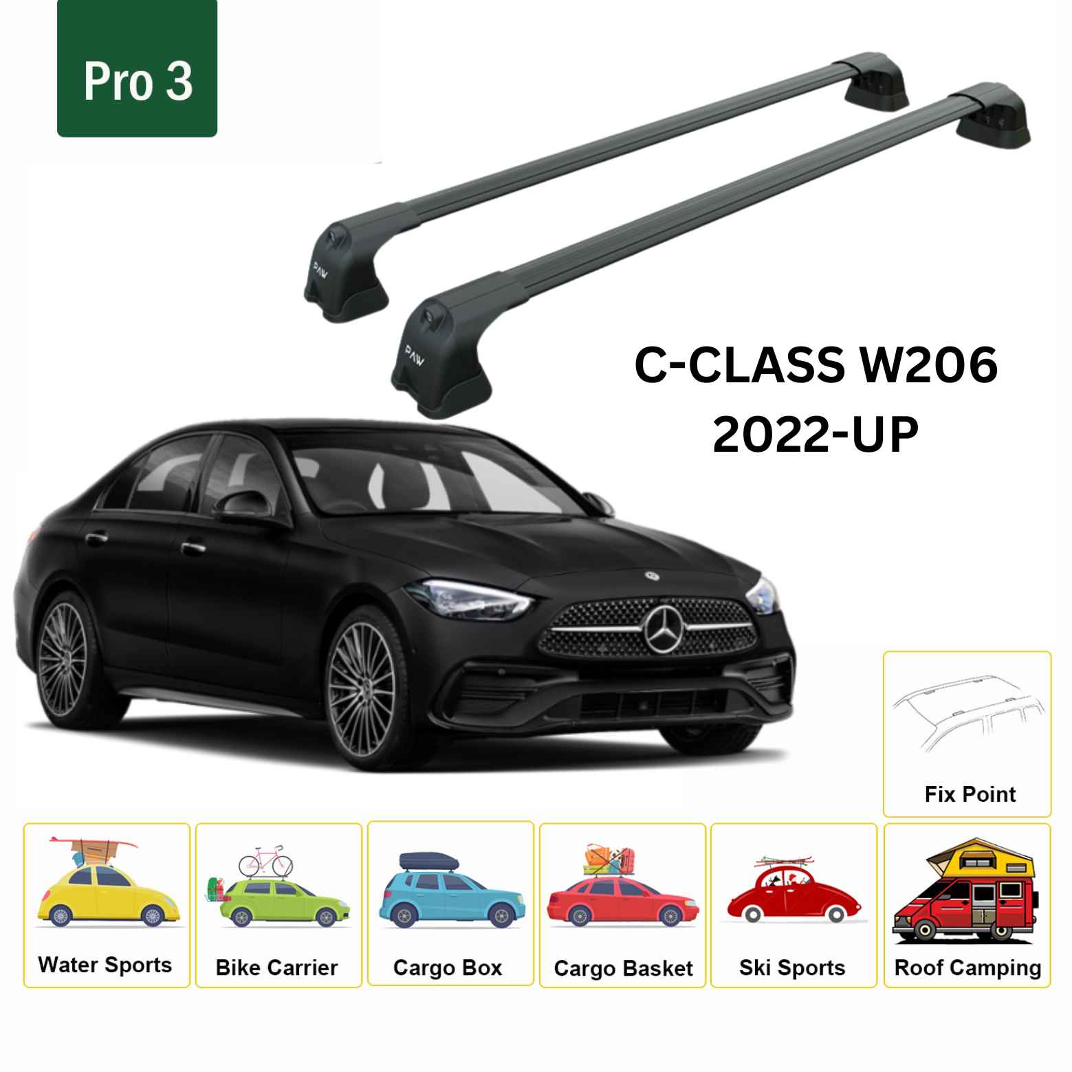 For Mercedes Benz C W206 2022-Up Roof Rack Cross Bars Fix Point Alu Black