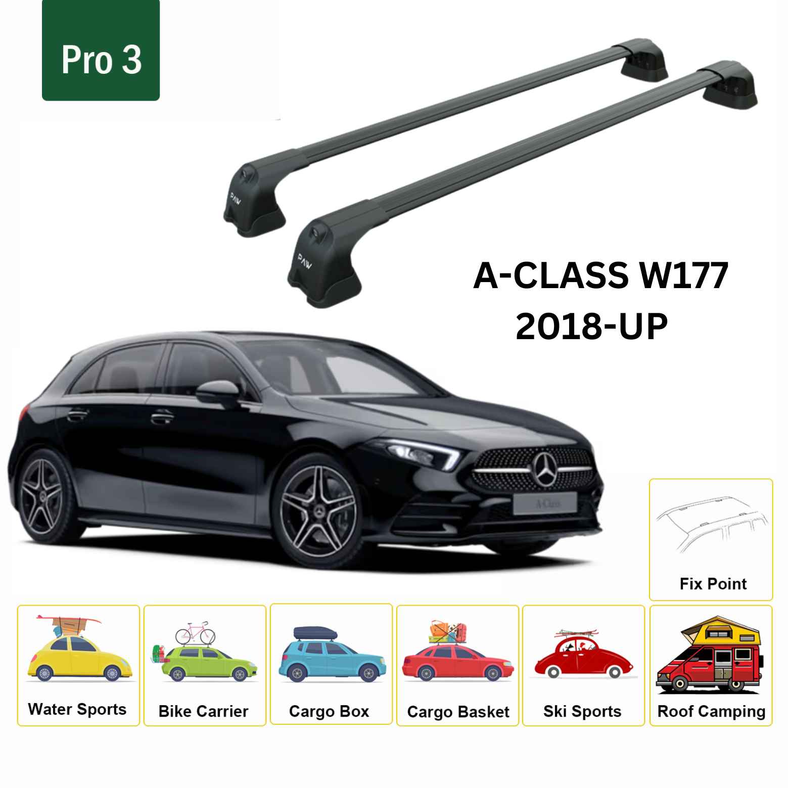 For Mercedes Benz A HB W177 2018-Up Roof Rack Cross Bars Fix Point Alu Black