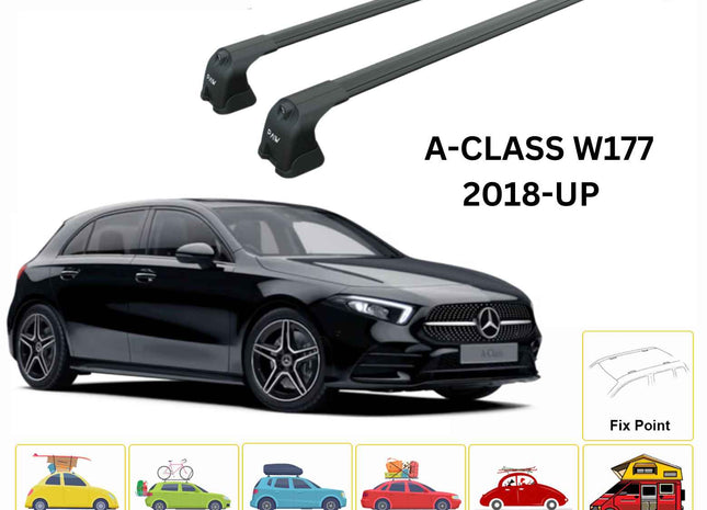 For Mercedes Benz A HB W177 2018-Up Roof Rack Cross Bars Fix Point Alu Black