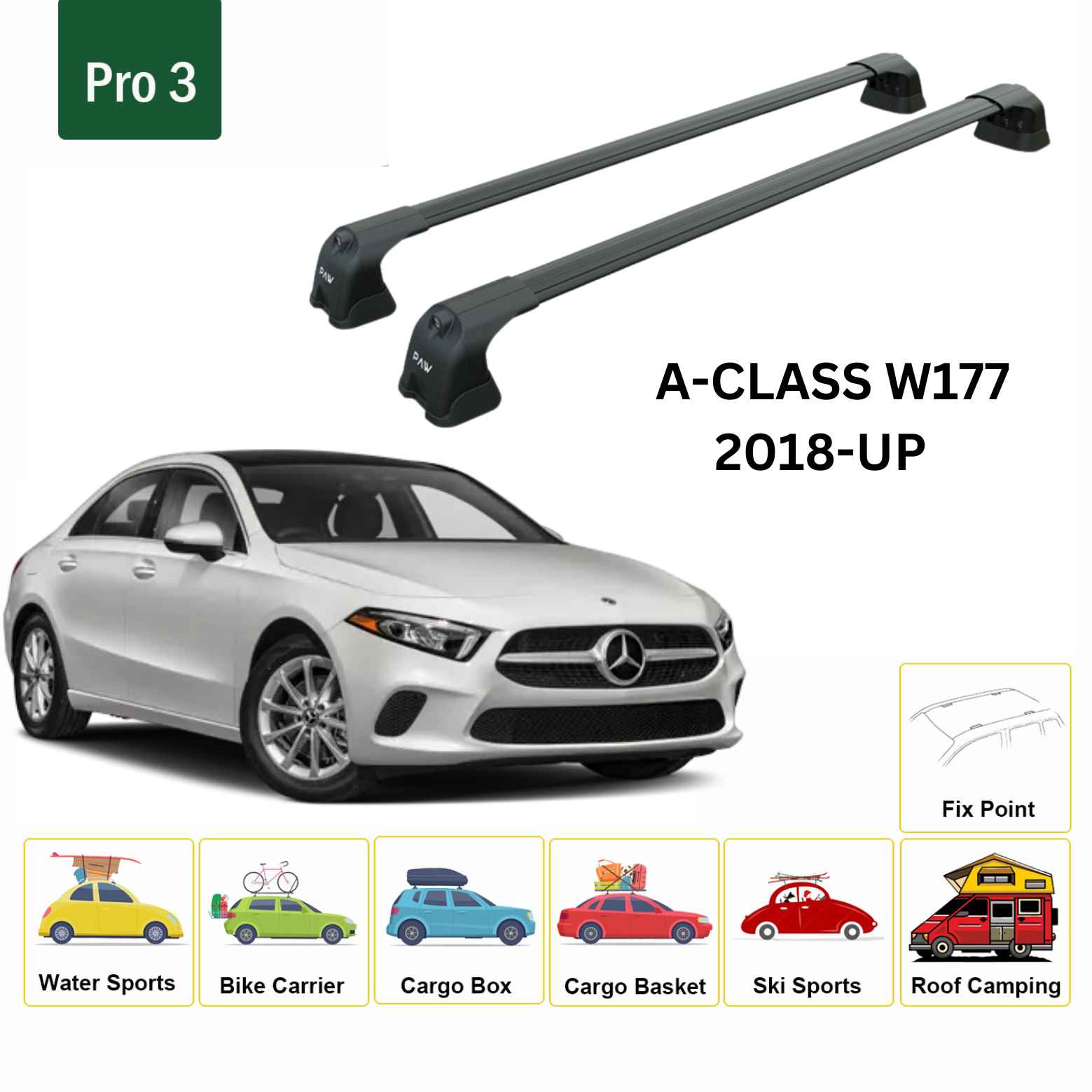 For Mercedes Benz A Sedan W177 2018-Up Roof Rack Cross Bars Fix Point Alu Black