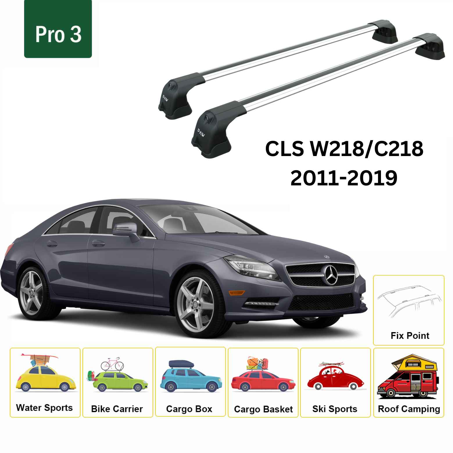 For Mercedes Benz CLS W218 2011-2019 Roof Rack Cross Bars Metal Bracket Fix Point Alu Silver