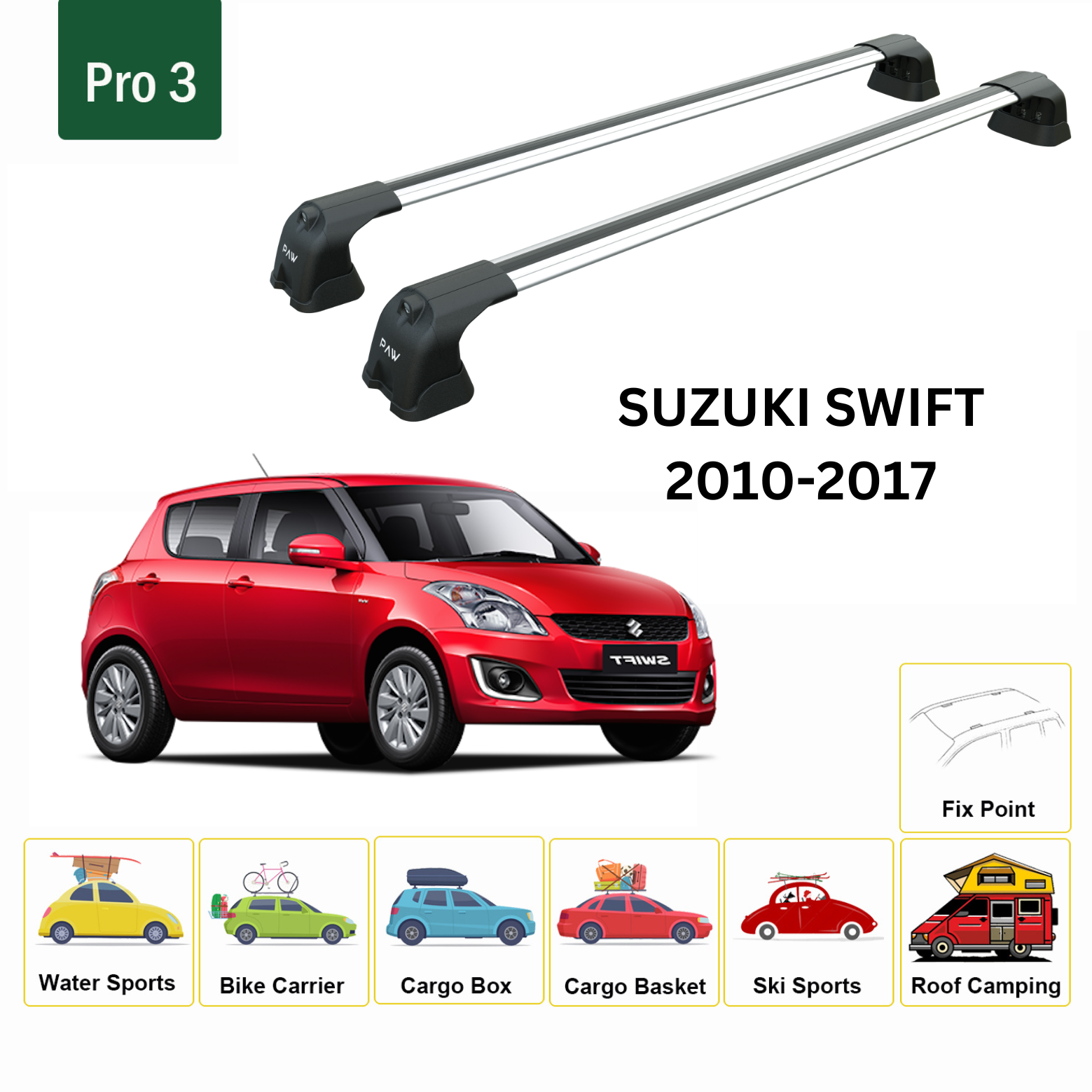 For Suzuki Swift 2010-17 Roof Rack Cross Bars Metal Bracket Fix Point Alu Silver