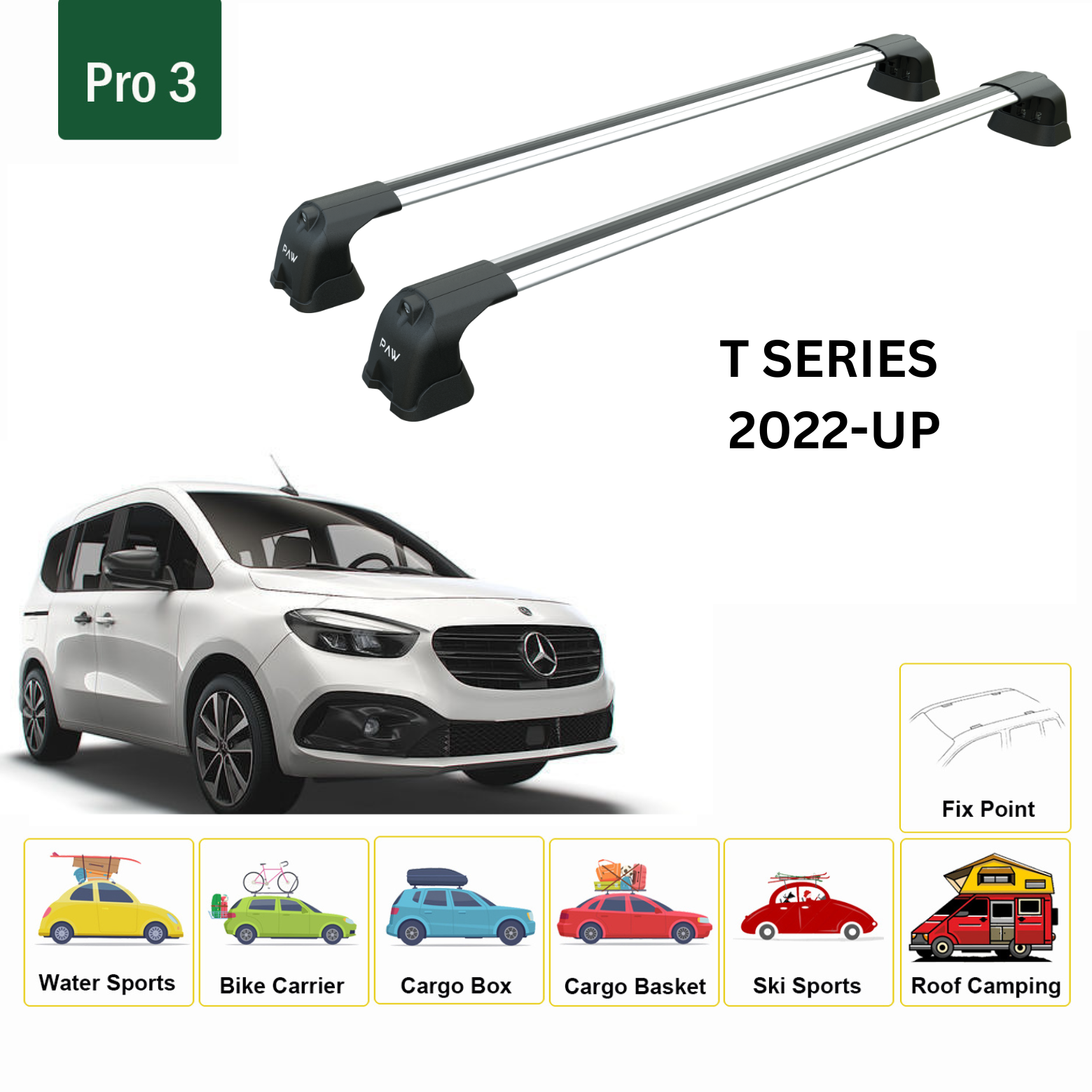 For Mercedes Benz T-Series 2022-Up Roof Rack Cross Bars Metal Bracket Fix Point Alu Silver