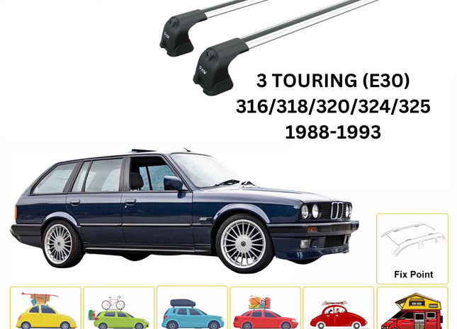 For Bmw 3 Touring E30 1988-1993 Roof Rack Cross Bars Fix Point Silver