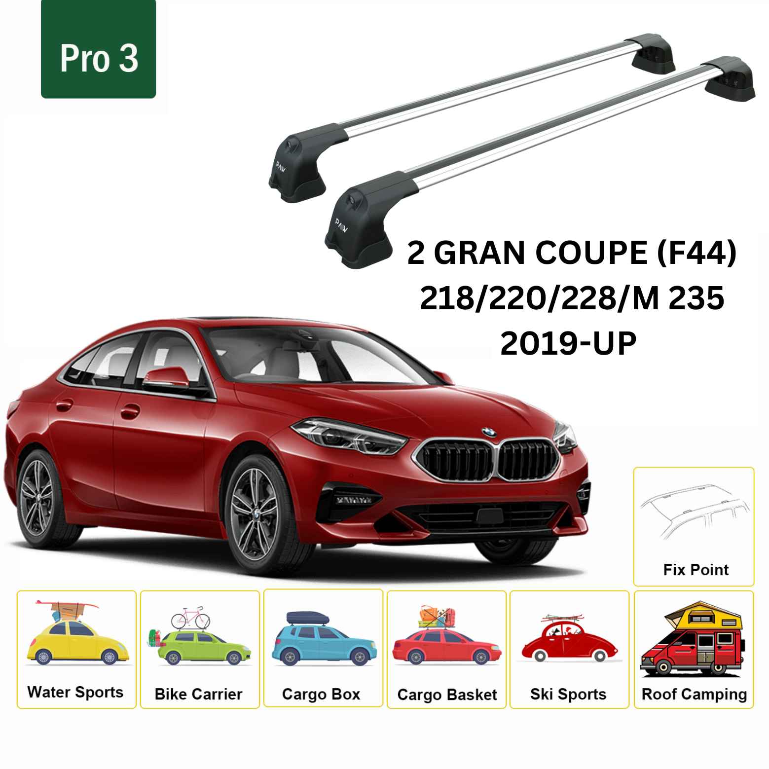 For BMW 2 Gran Coupe F44 Roof Rack Cross Bars Fix Point Alu Silver 2019-Up