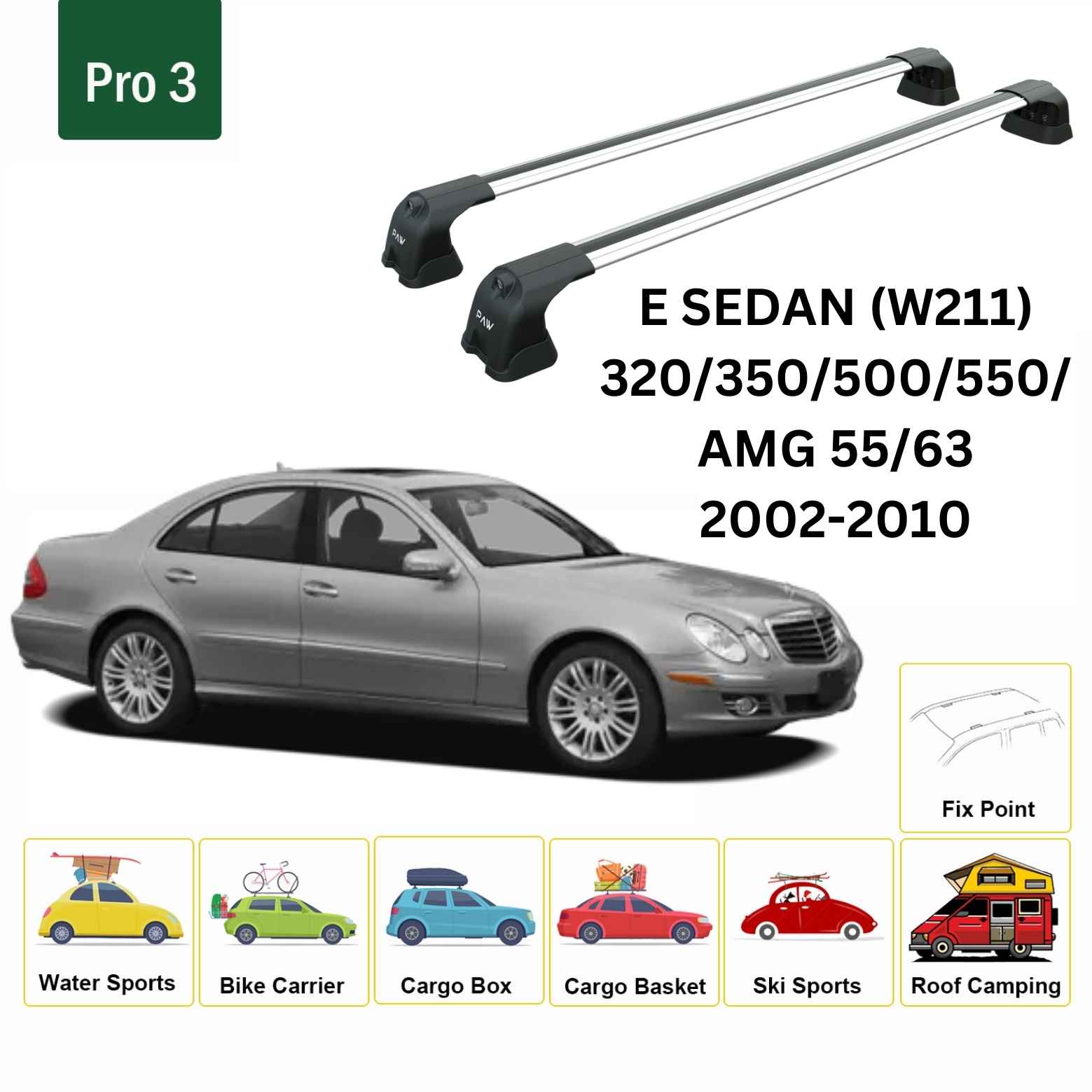 For Mercedes Benz E Sedan W211 2002-2010 Roof Rack Cross Bars Fix Point Alu Silver