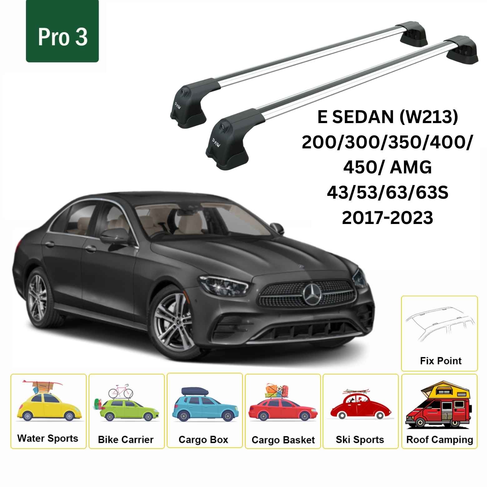 For Mercedes Benz E Sedan W213 2017-23 Roof Rack Cross Bars Metal Fix Point Alu Silver