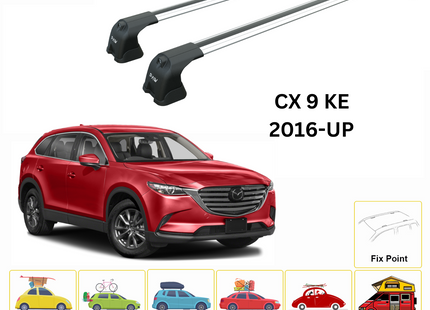 Compatible with Mazda CX 9 TC Roof Rack Cross Bars Flush Rail Alu Silver 2016-Up