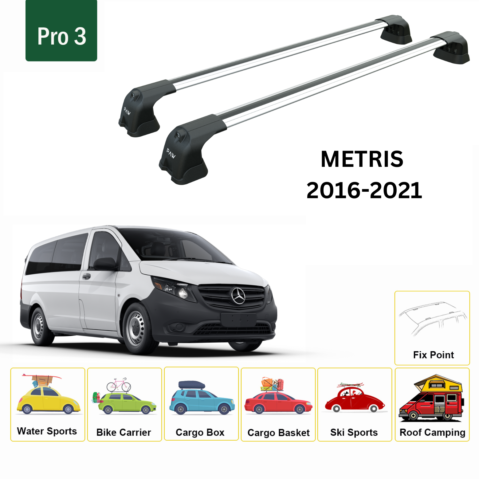 For Mercedes Benz Metris 2016-21 Roof Rack Cross Bars Metal Bracket Fix Point Alu Silver