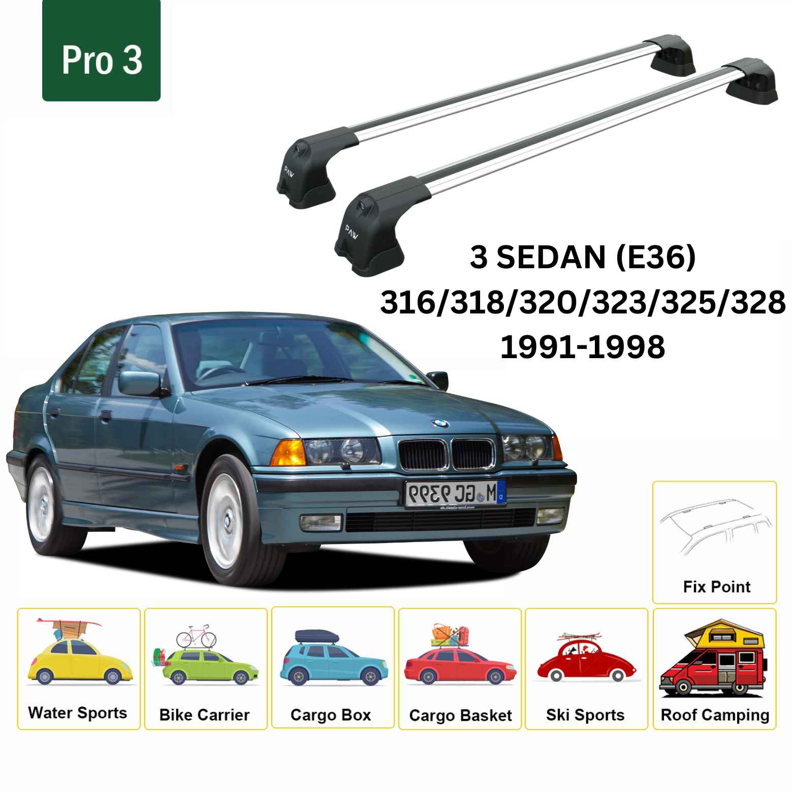 For Bmw 3 Sedan E36 1991-1998 Roof Rack Cross Bars Fix Point Alu Silver